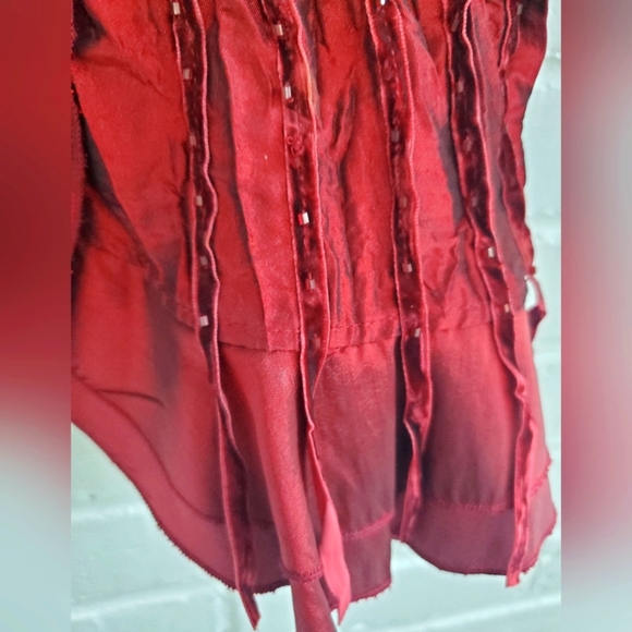 Agora Taffeta Accordian-Pleat Blouse. Metallic/Iridescent Burgundy. PL - Picture 5 of 13